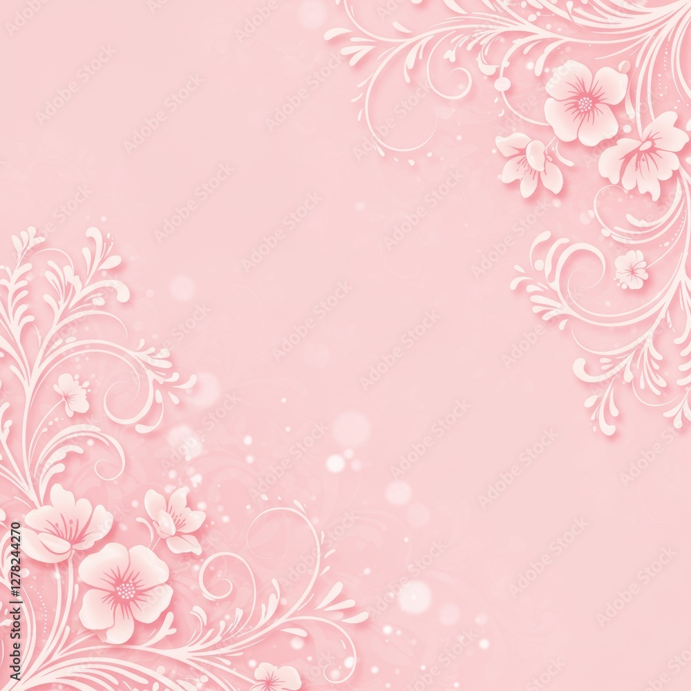 Artistic nature-inspired illustration with blooming flowers and delicate vines on a gentle pastel pink background Artistic nature-inspired illustration with blooming flowers and delicate vines on a gentle pastel pink background