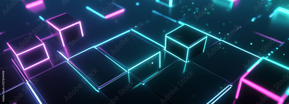 Futuristic neon cubes glowing in digital landscape Futuristic neon cubes glowing in digital landscape