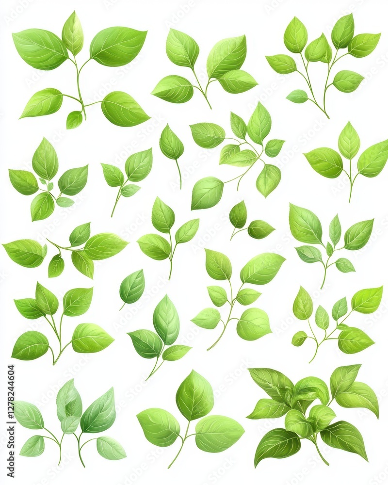 Fresh green leaves on white background capturing nature's beauty in a botanical illustration style and vibrant colors Fresh green leaves on white background capturing nature's beauty in a botanical illustration style and vibrant colors