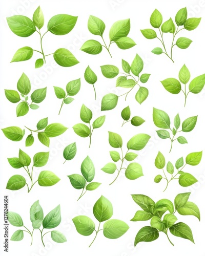 Wallpaper Mural Fresh green leaves on white background capturing nature's beauty in a botanical illustration style and vibrant colors Torontodigital.ca