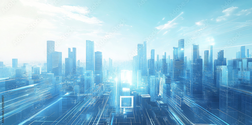 Futuristic cityscape with digital technology and bright skyline Futuristic cityscape with digital technology and bright skyline