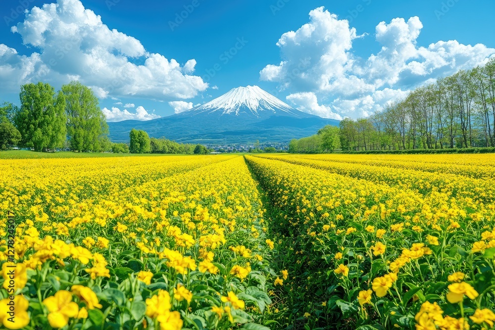 Yellow Flower Field With Majestic Mount Fuji In Background Yellow Flower Field With Majestic Mount Fuji In Background