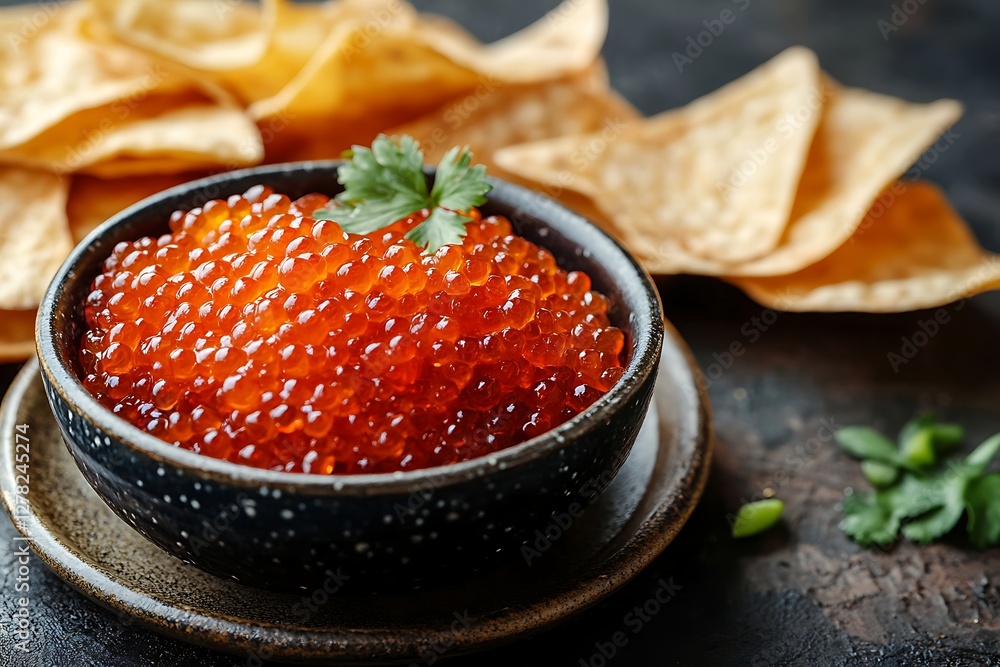 Red caviar in bowl with tortilla chips Red caviar in bowl with tortilla chips