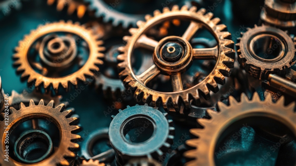 Close-up of intricate brass gears arranged artistically, showcasing mechanical design and texture Close-up of intricate brass gears arranged artistically, showcasing mechanical design and texture
