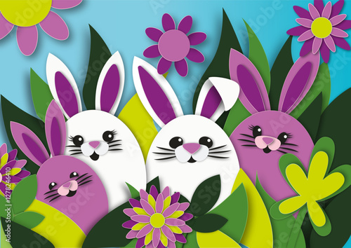 Colorful vector illustration in paper cut-out style of a cute Easter bunny family in a spring meadow. Bright flowers, green grass, and warm wood tones. Perfect for Easter, spring, kids, nature, cards.