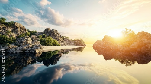 Serene Island Sunrise: Majestic Rocky Coastline Reflecting in Calm Waters