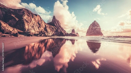 Coastal Majesty: Stunning Sunrise Reflections on a Rocky Beach