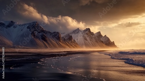 Winter Wonderland: Majestic Mountains Meet the Golden Hour Ocean