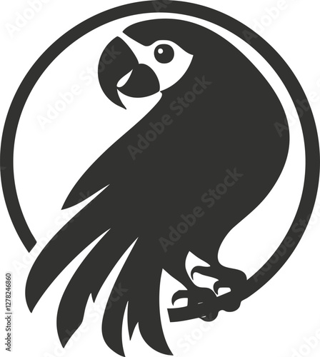 Parrot silhouette in a circle, black and white logo design.