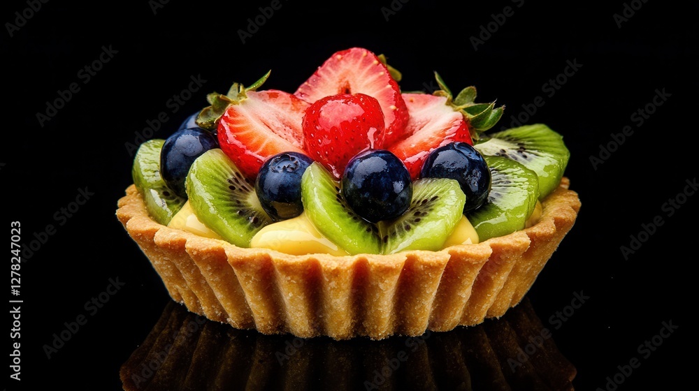 a beautifully arranged fruit tart with a golden crust, filled with custard cream, topped with sliced kiwi, strawberries, and blueberries. a beautifully arranged fruit tart with a golden crust, filled with custard cream, topped with sliced kiwi, strawberries, and blueberries.