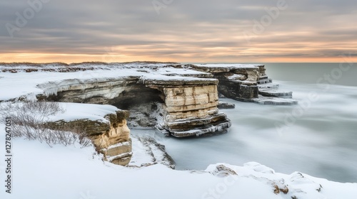 Winter's Embrace of the Majestic Coastline: Frozen Cliffs and Icy Waves
