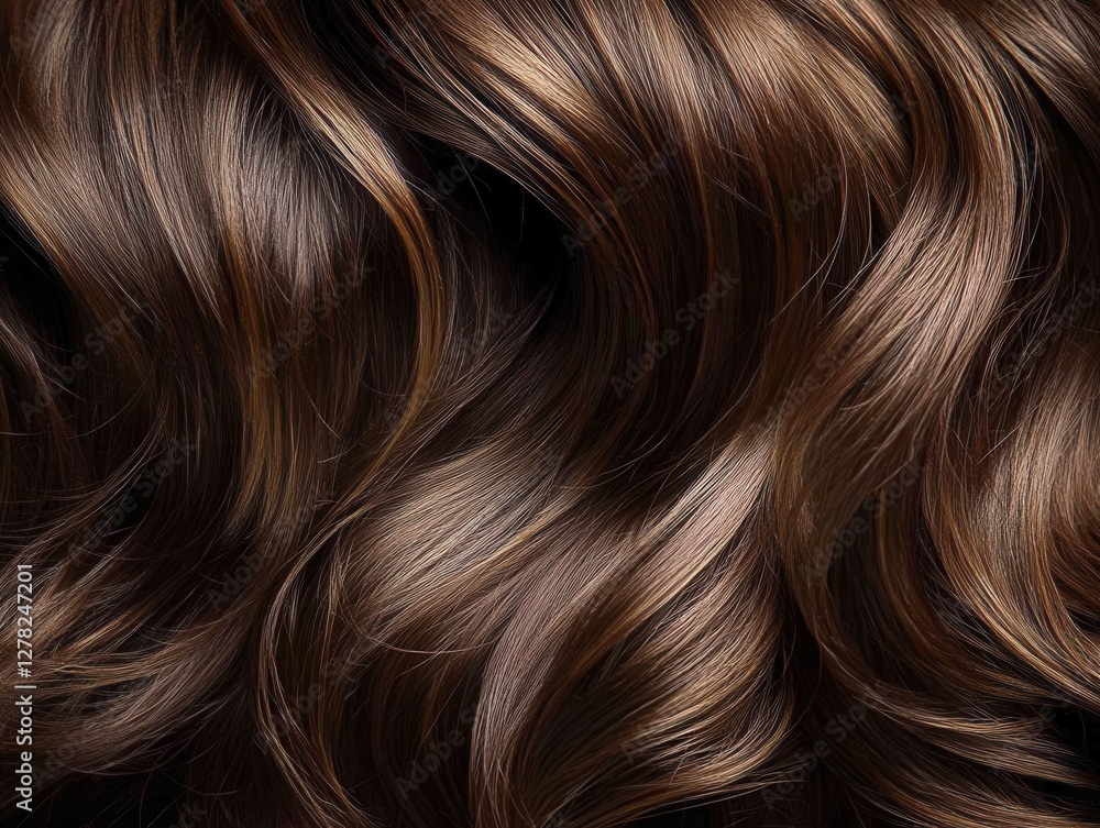 Naklejka premium Radiant brunette hair with subtle highlights cascading in soft waves creating a luxurious texture and depth for modern beauty