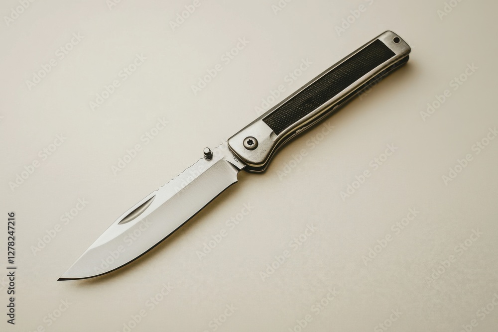 Modern folding knife with silver blade handle lying flat Modern folding knife with silver blade handle lying flat