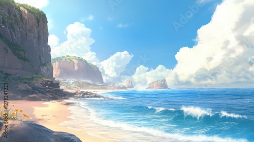 Serene Coastal Paradise: A Picturesque Beach Scene with Dramatic Cliffs and Ocean Waves
