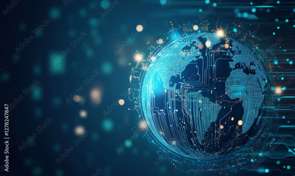 Fototapeta premium Digital globe with technology elements and glowing lights