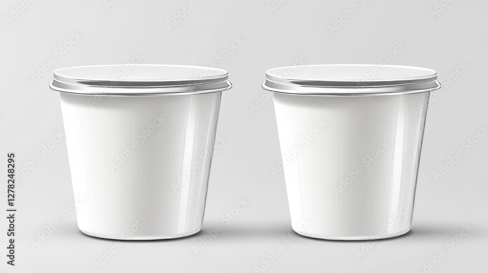 Plastic yogurt cup mockup. Realistic vector illustration set of white closed and open package for cream products. Template of blank round container with foil cap for dairy dessert or cheese. Plastic yogurt cup mockup. Realistic vector illustration set of white closed and open package for cream products. Template of blank round container with foil cap for dairy dessert or cheese.