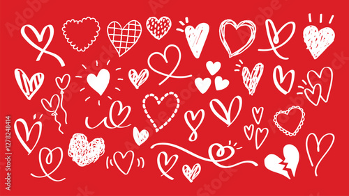 White hand-drawn hearts on a gray background. Each heart is unique, with a hand-drawn style. Perfect for designs needing hand-drawn heart elements. White doodle Valentine's Day vector set.