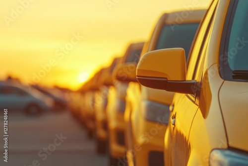 Golden sunset illuminates row of parked yellow vehicles, creatin