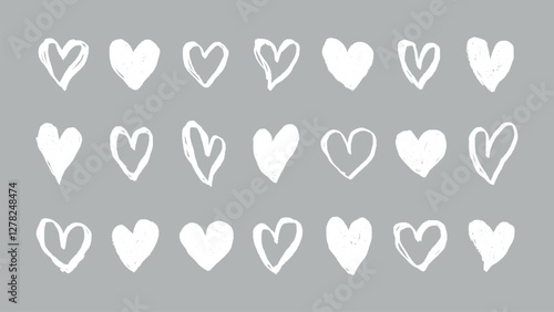 White hand-drawn hearts on a gray background. Each heart is unique, with a hand-drawn style. Perfect for designs needing hand-drawn heart elements. White doodle Valentine's Day vector set.