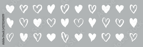White hand-drawn hearts on a gray background. Each heart is unique, with a hand-drawn style. Perfect for designs needing hand-drawn heart elements. White doodle Valentine's Day vector set.