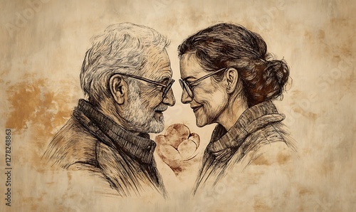Tender portrait of an elderly couple, heads close, eyes meeting, sepia tones, romantic.