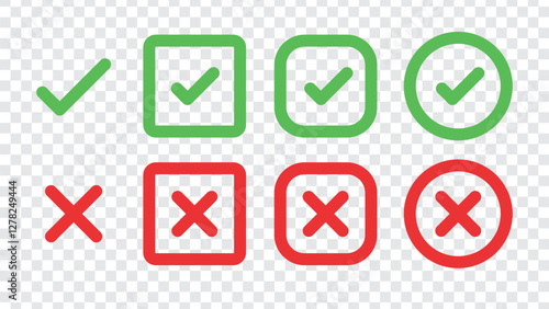 Green check marks and red X marks. Check marks indicate approval. X marks indicate rejection. Simple symbols for yes and no. Clear visual for correct and incorrect. Vector element set.