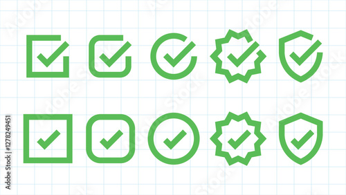 Green checkmarks in various shapes: square, circle, star, shield. Checkmarks indicate approval, success, or completion. Checkmarks in different styles. Vector element set.