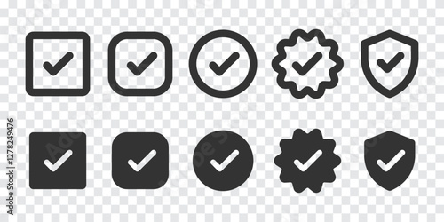 Set of checkmark icons in various shapes: square, circle, badge, shield. Simple, bold checkmark designs for approval, completion, and verification themes. Vector element set.