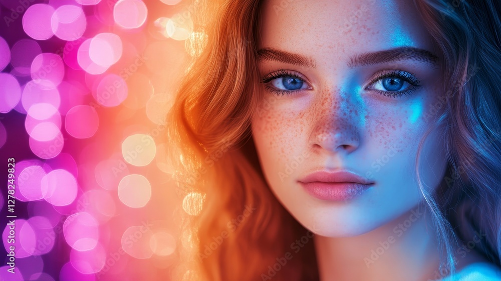 a beautiful girl with blue eyes and long red curly hair in the colorful light bokeh background a beautiful girl with blue eyes and long red curly hair in the colorful light bokeh background