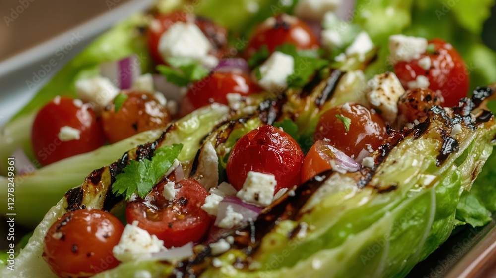 a warm salad of grilled romaine lettuce, cherry tomatoes, and red onion, topped with a balsamic glaze and feta cheese. 