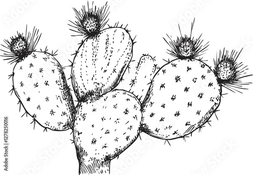 Black and white sketch illustration of a prickly cactus plant.