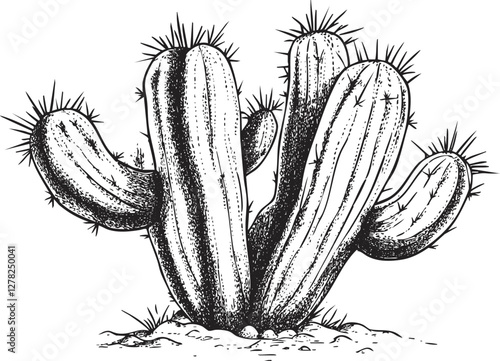 Monochrome sketch of a cactus plant with detailed spiky features.