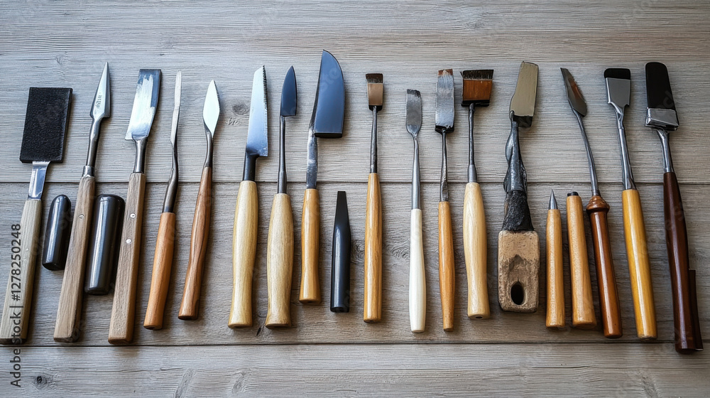 Collection of carving tools arranged neatly on a wooden surface, showcasing different shapes and sizes for various crafts Collection of carving tools arranged neatly on a wooden surface, showcasing different shapes and sizes for various crafts