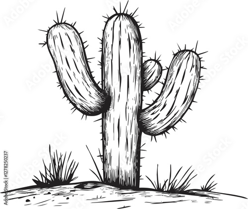 Black and white illustration of a saguaro cactus with spines. photo