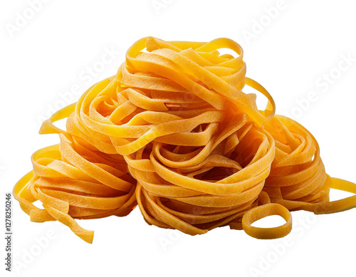 Fresh golden tagliatelle pasta neatly arranged in delicate nests, isolated on a white background with studio professional lighting, showcasing its smooth texture and authentic Italian culinary appeal  photo