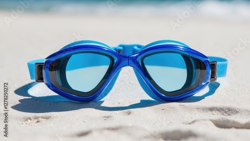 Blue Swim Goggles on Sandy Beach with Empty Space for Text Ideal for Summer Sports and Aquatic Activities Promotion photo