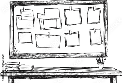Sketch of a blackboard with pinned notes and papers.