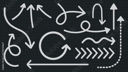 A collection of white arrows on a dark grid background. Various arrow styles include curved, straight, and dashed. Arrows pointing in multiple directions. Hand drawn element vector set.