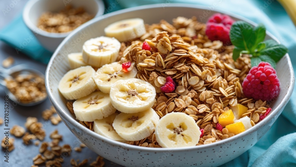 Healthy Breakfast Bowl With Sliced Bananas Granola And Fresh Berries Showcasing Vibrant Colors Textures And Nutritional Appeal Healthy Breakfast Bowl With Sliced Bananas Granola And Fresh Berries Showcasing Vibrant Colors Textures And Nutritional Appeal