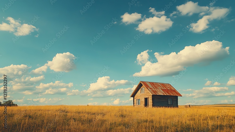Rustic Farmhouse in Golden Field, Sunny Sky Rustic Farmhouse in Golden Field, Sunny Sky