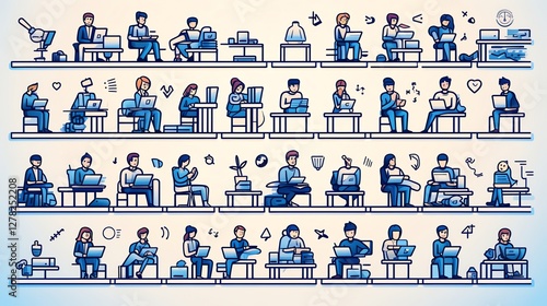 Diverse people working on laptops in various settings.