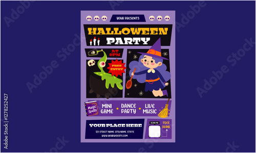 Halloween party Flyer. Halloween Party Set for Advertising, Web, Social Media, Posters, Banners, Covers, Club Invitations, Festivals, and Flyers. Template with Ghosts, Bats, and Pumpkins.