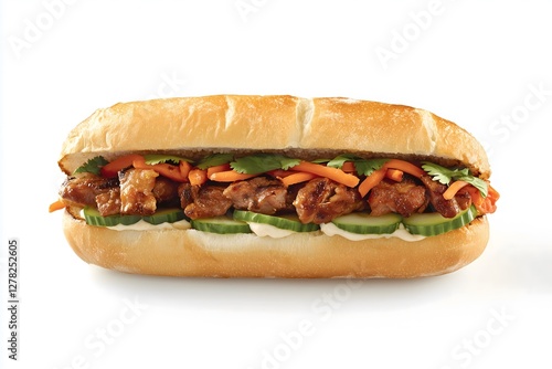 Banh mi sandwich with pickles vegetables, cilantro and marinated chicken isolated on a white background
