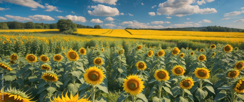 Obraz premium Stunning Sunflower Fields Under Vibrant Blue Skies Showcasing Summer's Natural Beauty and Rural Serenity in a Picturesque Landscape