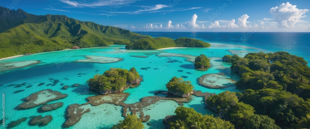 Fototapeta premium Aerial View of Tropical Island Surrounded by Turquoise Lagoon and Lush Greenery Under Clear Blue Sky Ideal for Travel and Nature Themes