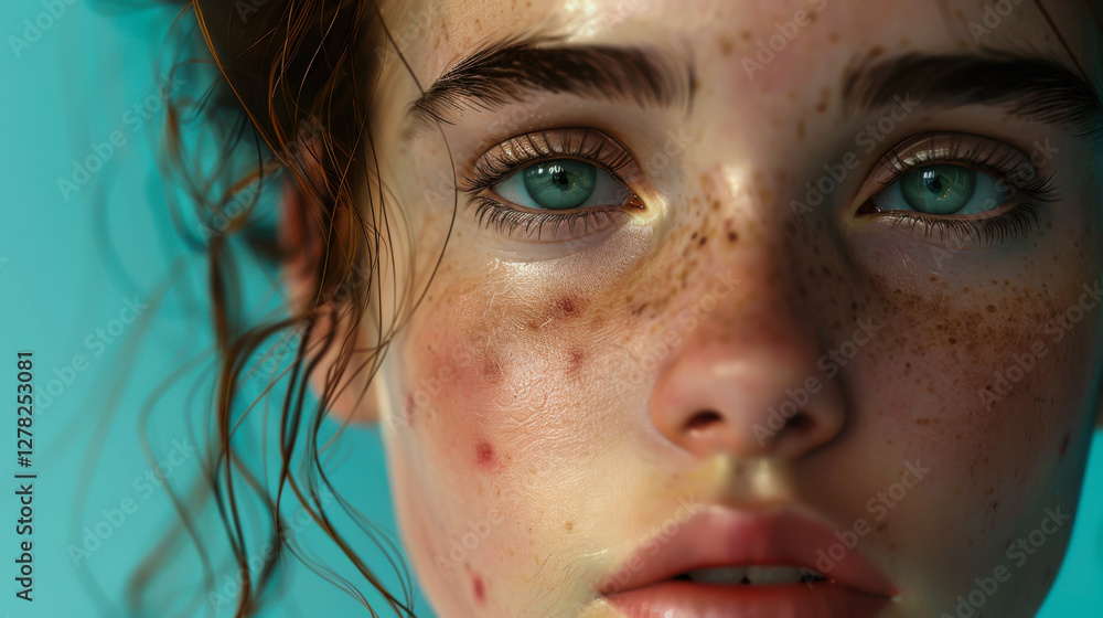 Fototapeta premium Captivating close-up of a young person showcasing unique freckles and striking teal eyes against a vibrant background