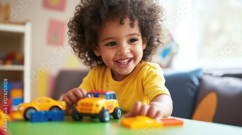 A happy toddler in a bright, playful outfit hugging a stuffed animal.