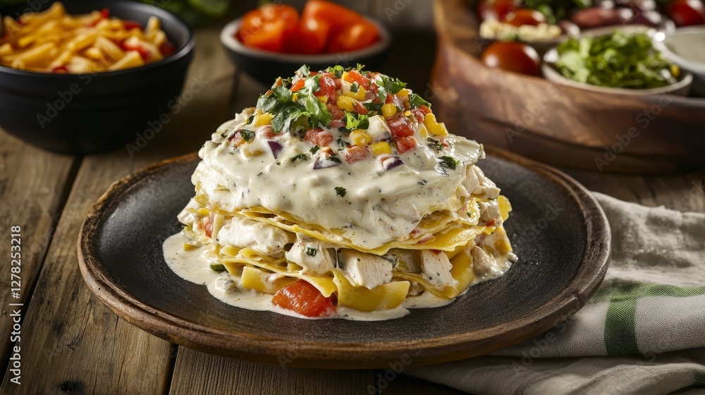 Fototapeta premium Layered Chicken Pasta Dish with Creamy Sauce and Vegetables
