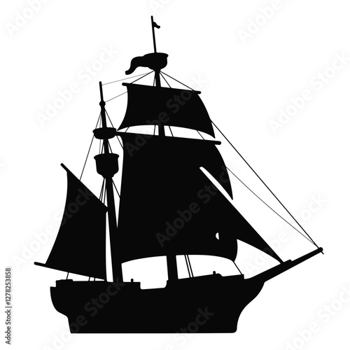 Silhouette of a tall ship sailing in black and white, maritime adventure