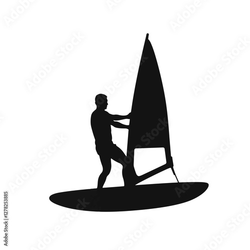 Windsurfer gliding on water with sail, freedom and adventure
